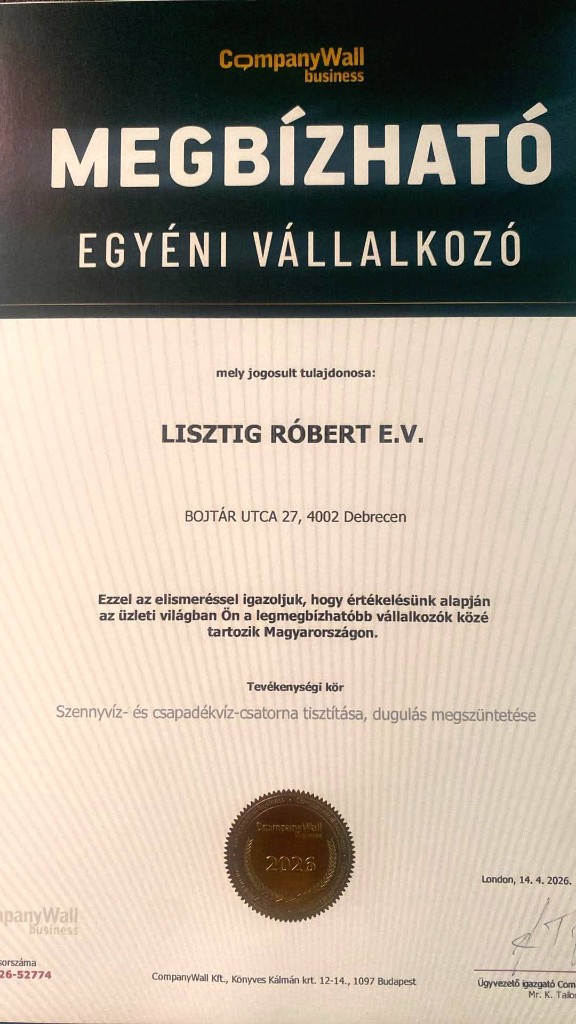 CompanyWall Megbízható Egyéni Vállalkozó oklevél – Lisztig Róbert EV, 2026